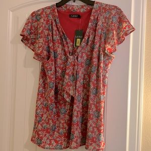 🆕NWT: Ralph Lauren floral blouse with tie and flutter sleeves.